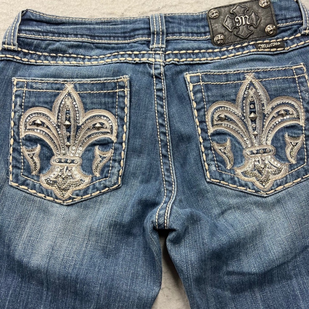 Miss Me‎ Bootcut Jeans JP5073UX Blue Fleur De Lis Rhinestone Studded Womens 29
